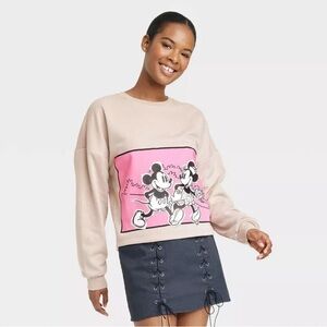 Disney Mickey and Minnie Mouse Tan and Pink Cropped Sweatshirt Shirt XL NWT‎